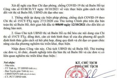 CV 9887/UBND-KGVX ngày 11 tháng 10 năm 2021 v/v áp dụng biện pháp phòng, chống dịch COVID tại thị xã Buôn Hồ chống