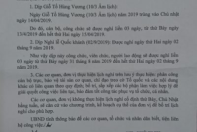 Lịch nghỉ Giỗ Tổ Hùng Vương (10/3 Âm lịch) và Nghỉ Lễ Quốc khánh (02/9/2019)