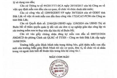 THÔNG BÁO Về việc giới thiệu mẫu con dấu của Trường Mẫu Giáo Bình Minh